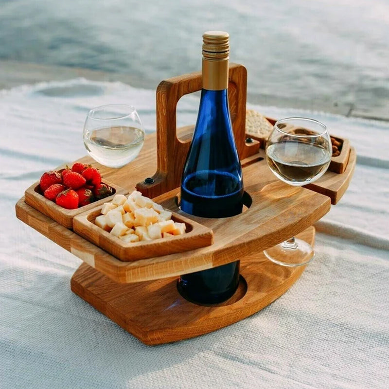 Portable Wooden Picnic Wine Table – Foldable Outdoor Serving Table with Glass & Bottle Holders | Compact Picnic Accessory for Beach, Park & Garden