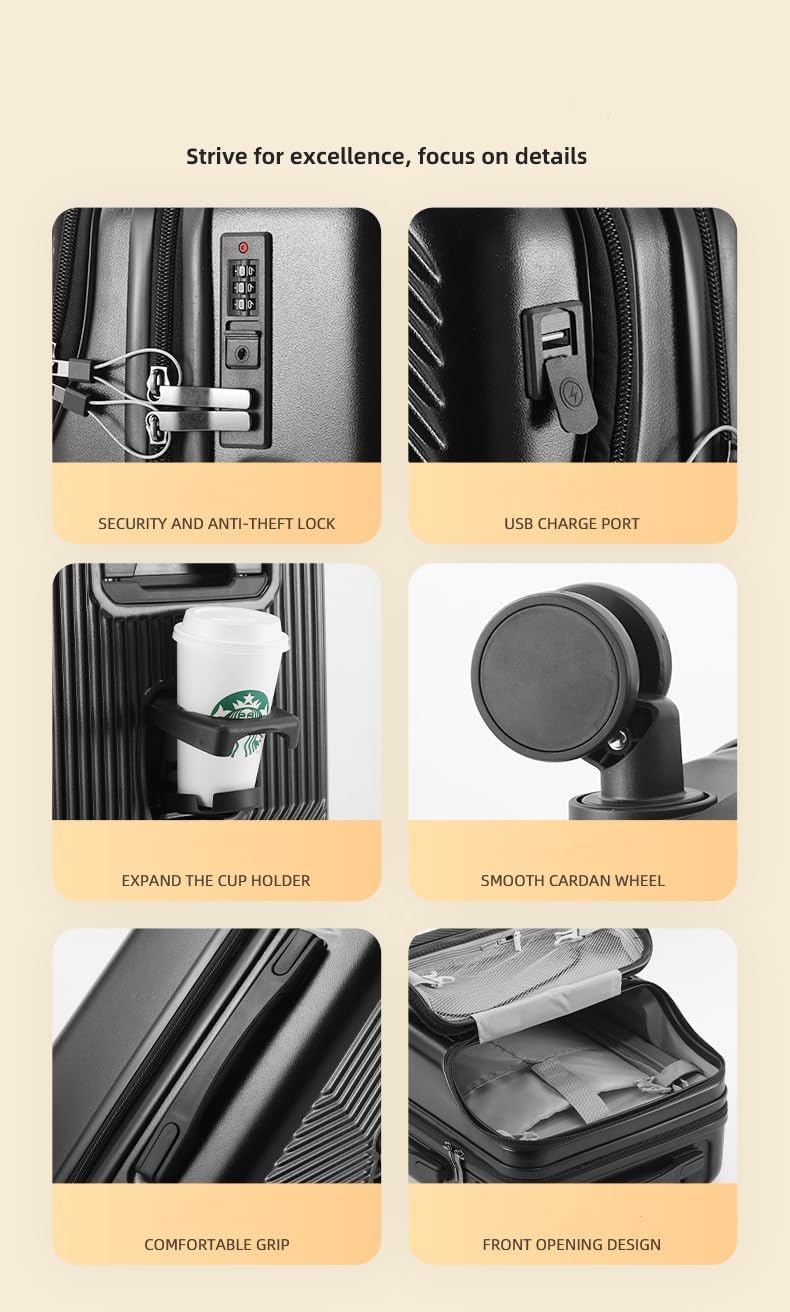 Hard Shell Cabin Suitcase with Cup Holder and USB Port – Carry-On Luggage with TSA Lock for Smart Travel