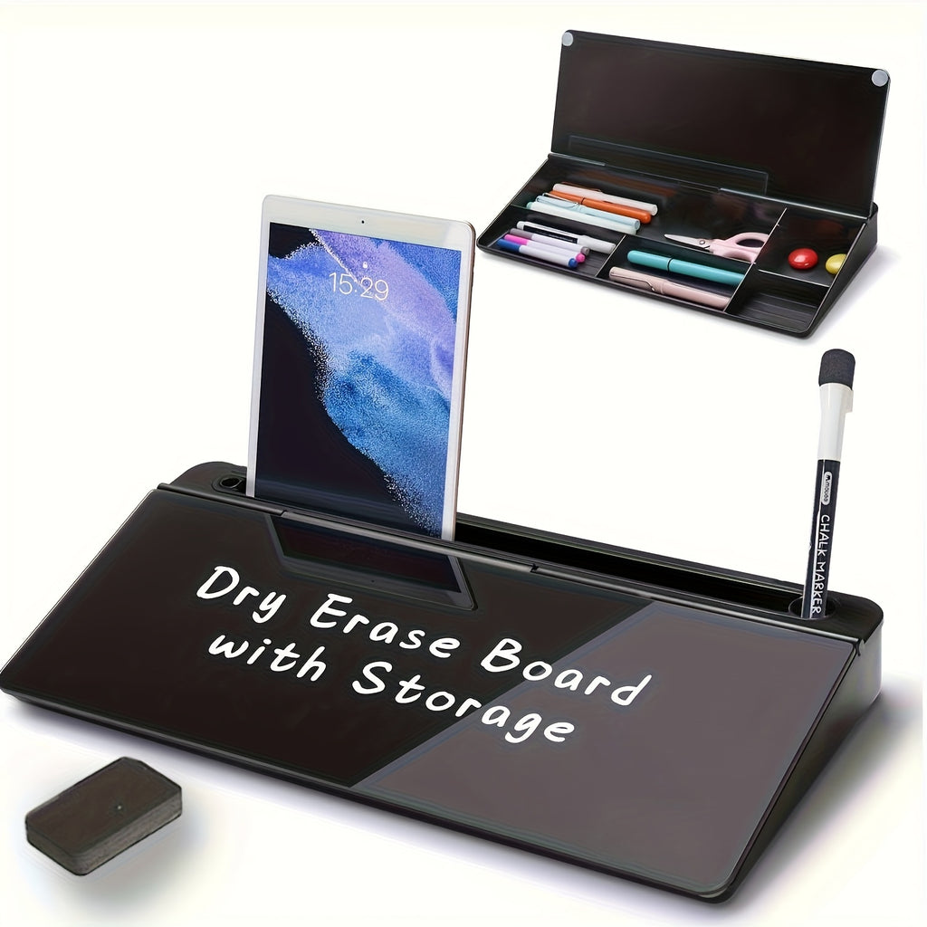 Glass Dry Erase Board with Magnetic Desktop Organizer and Built-In Storage