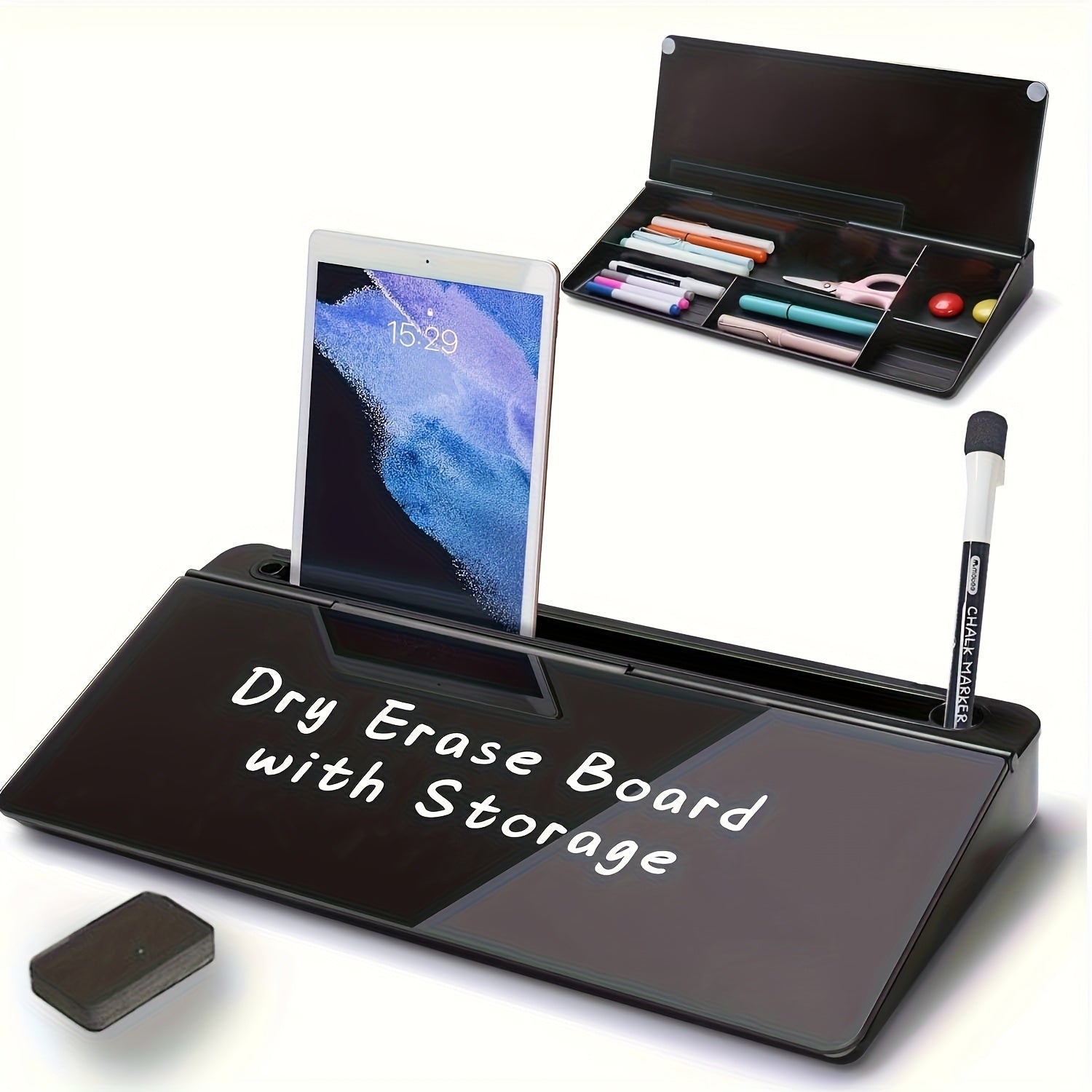Glass Dry Erase Board with Magnetic Desktop Organizer and Built-In Storage