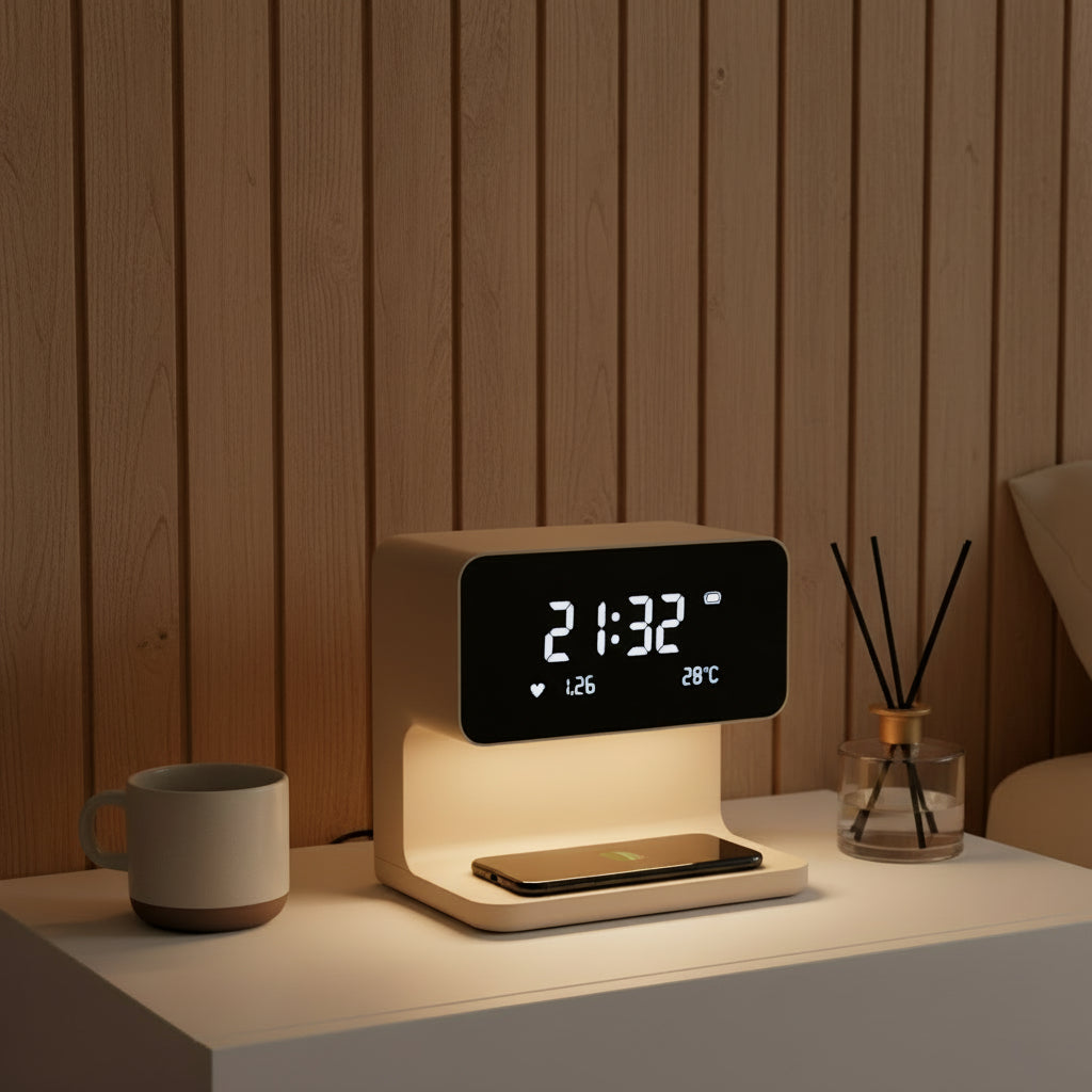 3-in-1 Bedside Lamp with Wireless Charging – Dimmable Touch Control & Integrated Alarm Display