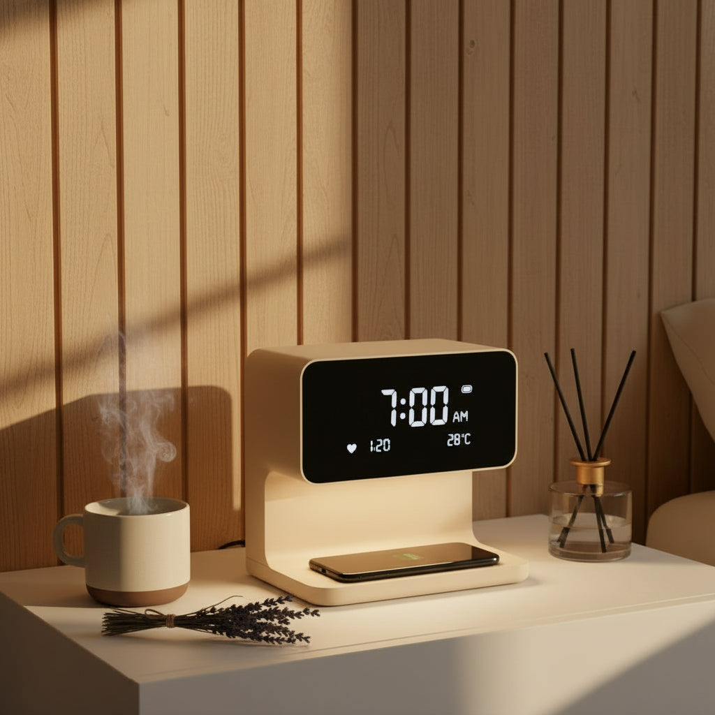 3-in-1 Bedside Lamp with Wireless Charging – Dimmable Touch Control & Integrated Alarm Display