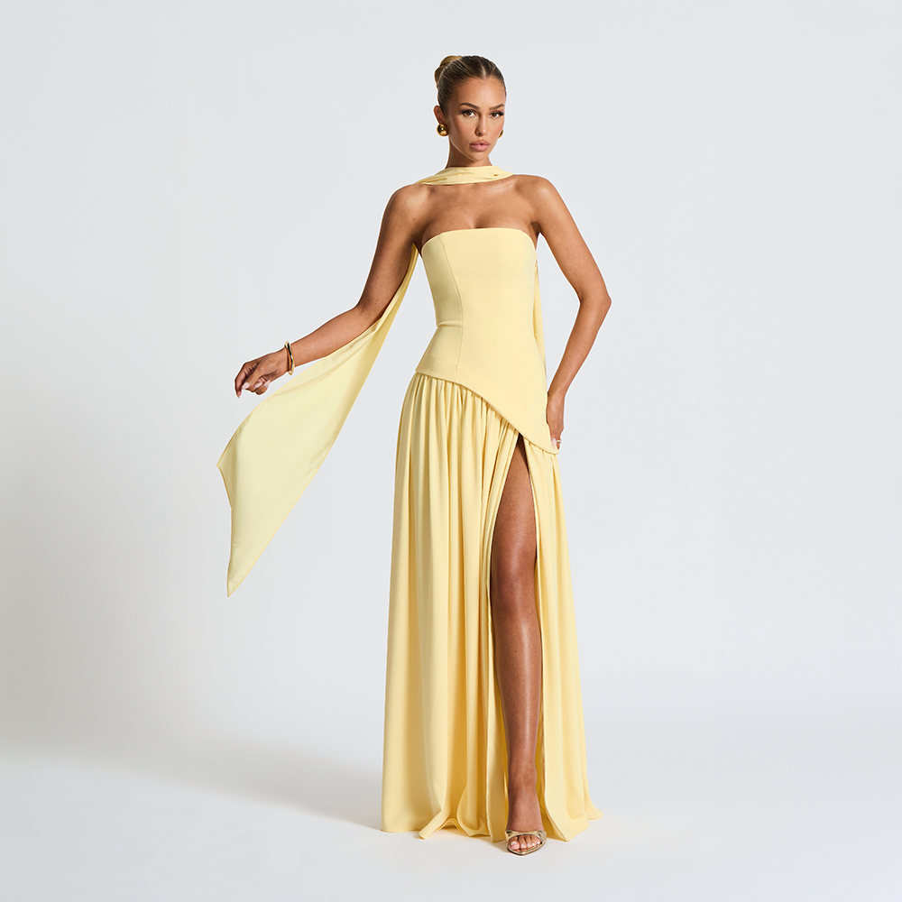 Strapless Asymmetrical Long Dress with High Slit for Women – Elegant Evening Dress for Parties, Events and Special Occasions