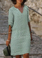 Women’s Vintage-Inspired Mini Summer Dress – Split Neck Dress with 3/4 Sleeves for Casual Wear and Holidays