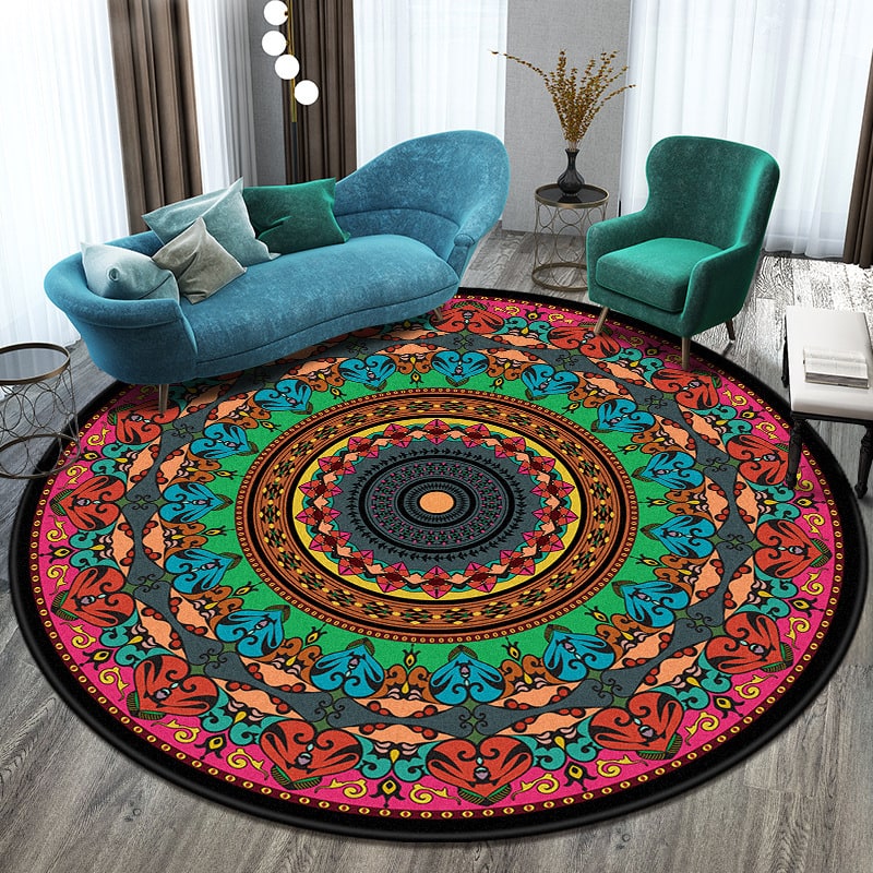 8 Foot Round Area Rug with Mandala Pattern Low Pile Bohemian Design - Image 1