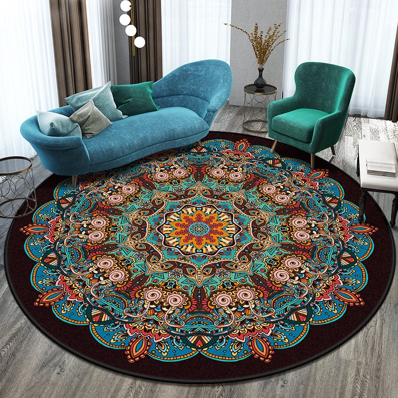8 Foot Round Area Rug with Mandala Pattern Low Pile Bohemian Design - Image 2