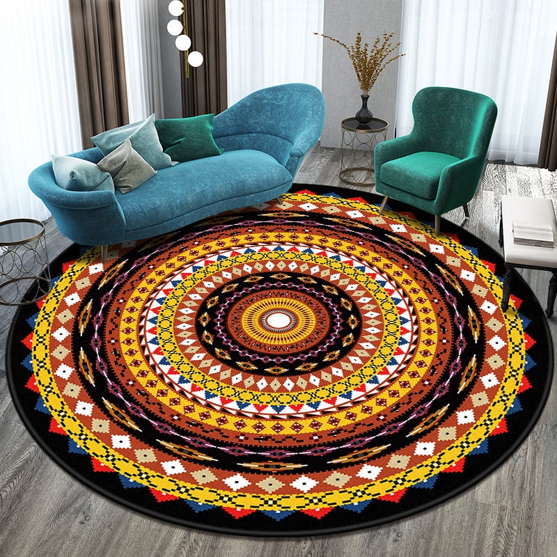 8 Foot Round Area Rug with Mandala Pattern Low Pile Bohemian Design - Image 3