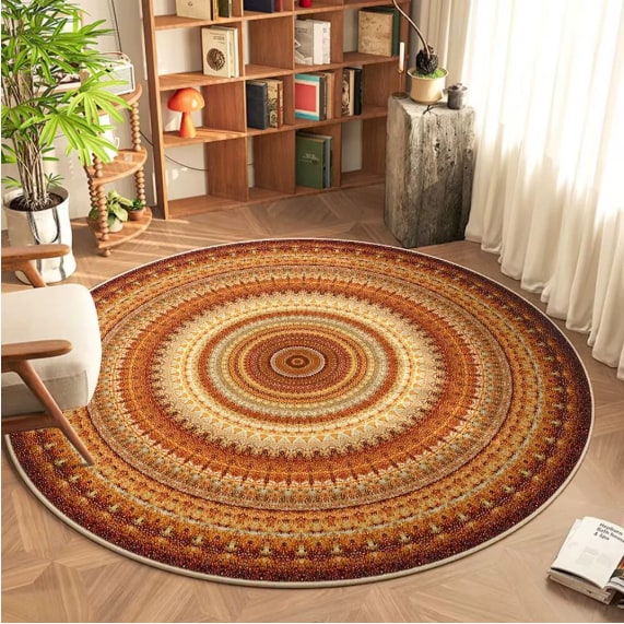 8 Foot Round Area Rug with Mandala Pattern Low Pile Bohemian Design - Image 4