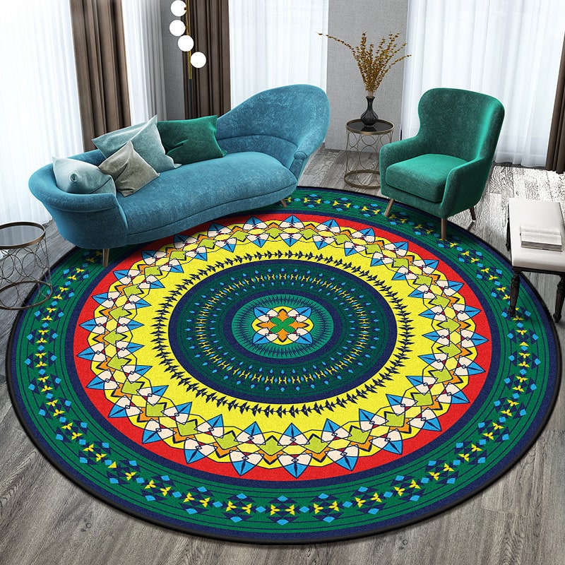 8 Foot Round Area Rug with Mandala Pattern Low Pile Bohemian Design - Image 5