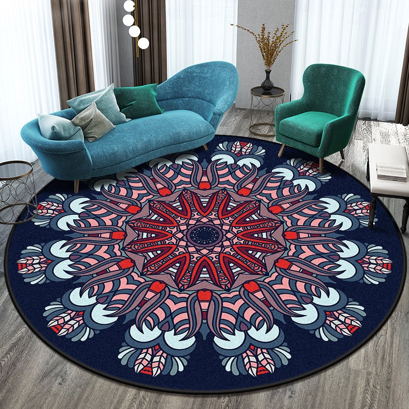 8 Foot Round Area Rug with Mandala Pattern Low Pile Bohemian Design - Image 6
