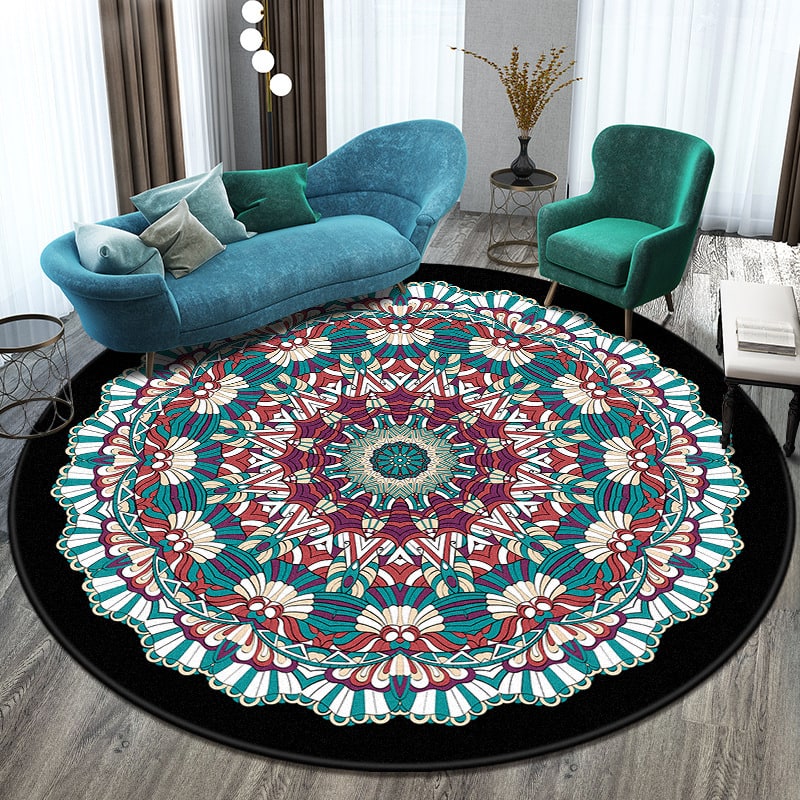8 Foot Round Area Rug with Mandala Pattern Low Pile Bohemian Design - Image 7