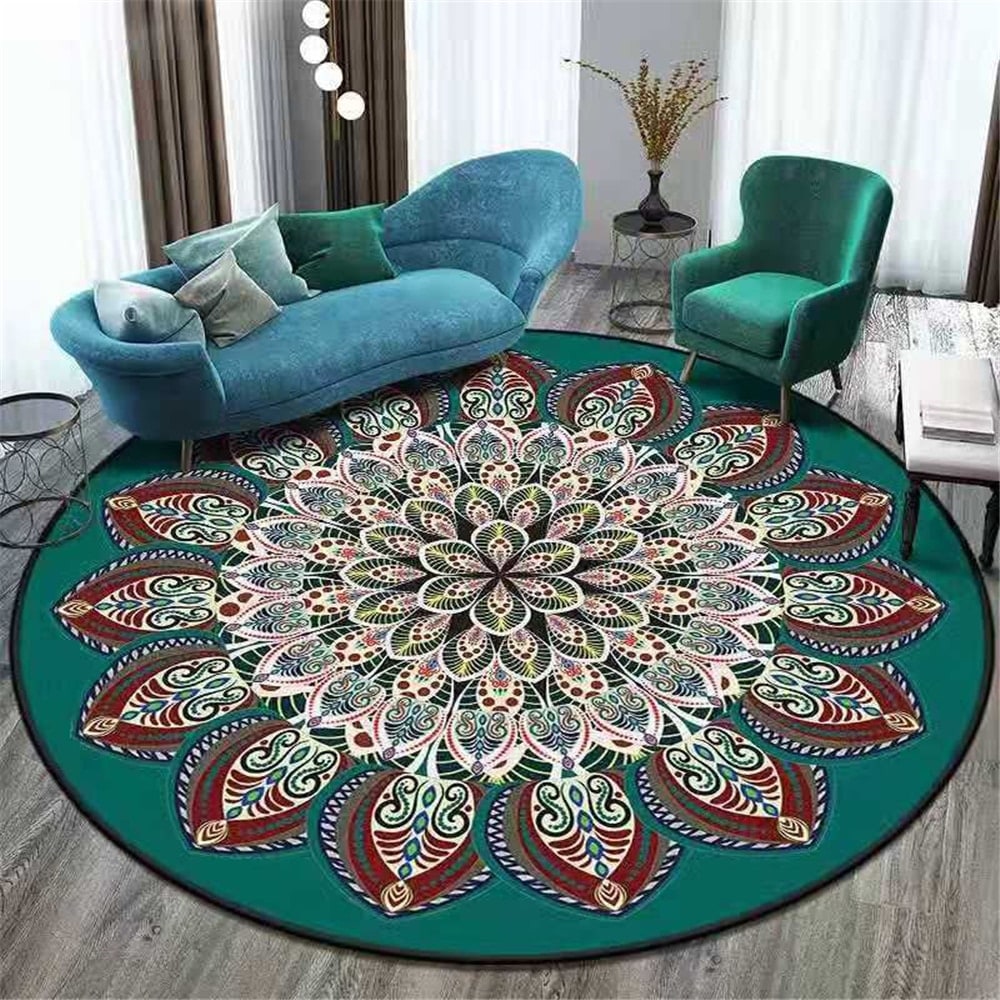 8 Foot Round Area Rug with Mandala Pattern Low Pile Bohemian Design - Image 8