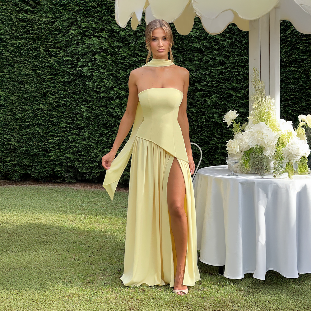 Strapless Asymmetrical Long Dress with High Slit for Women – Elegant Evening Dress for Parties, Events and Special Occasions