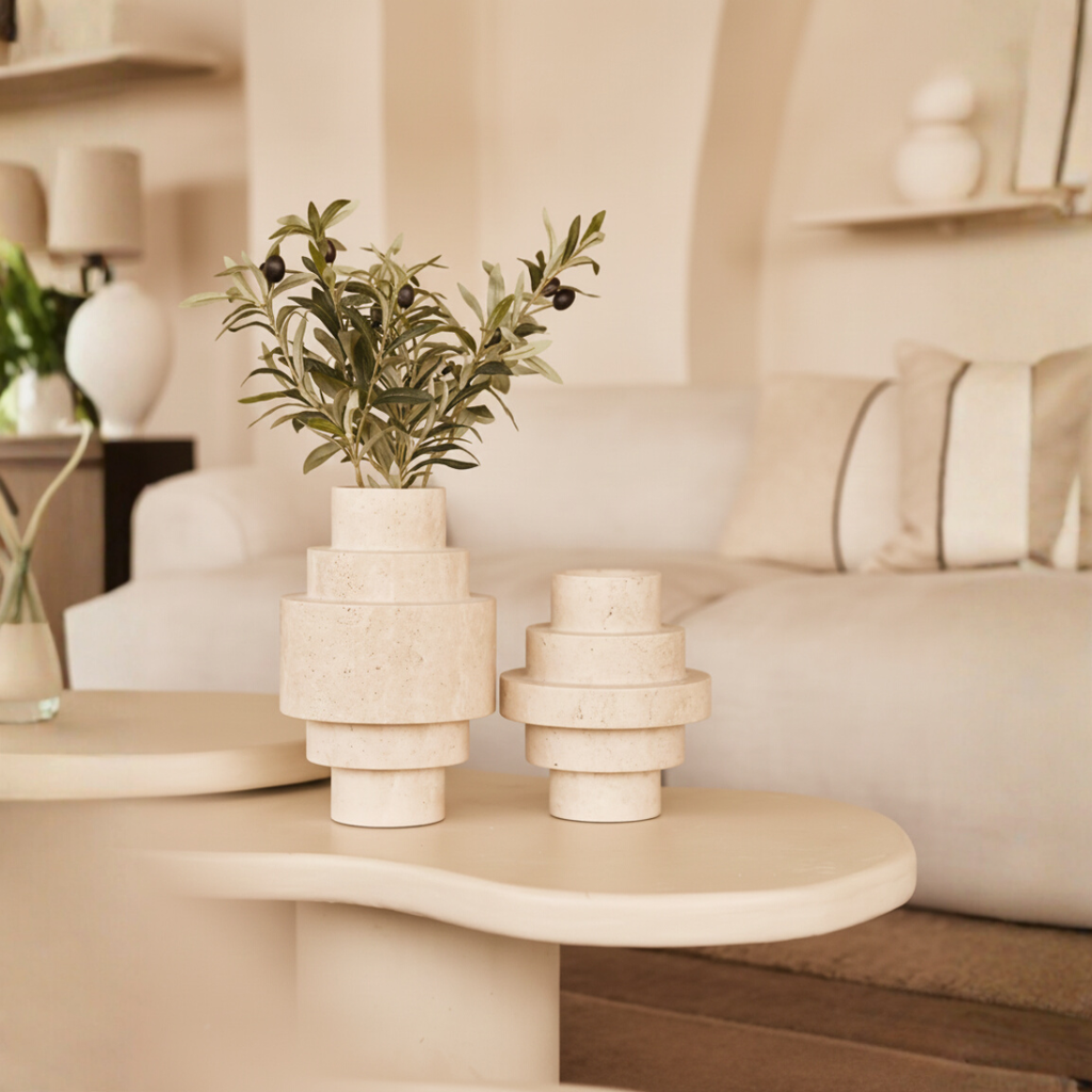 Geometric Modern Design Beige Travertine Floor Vase