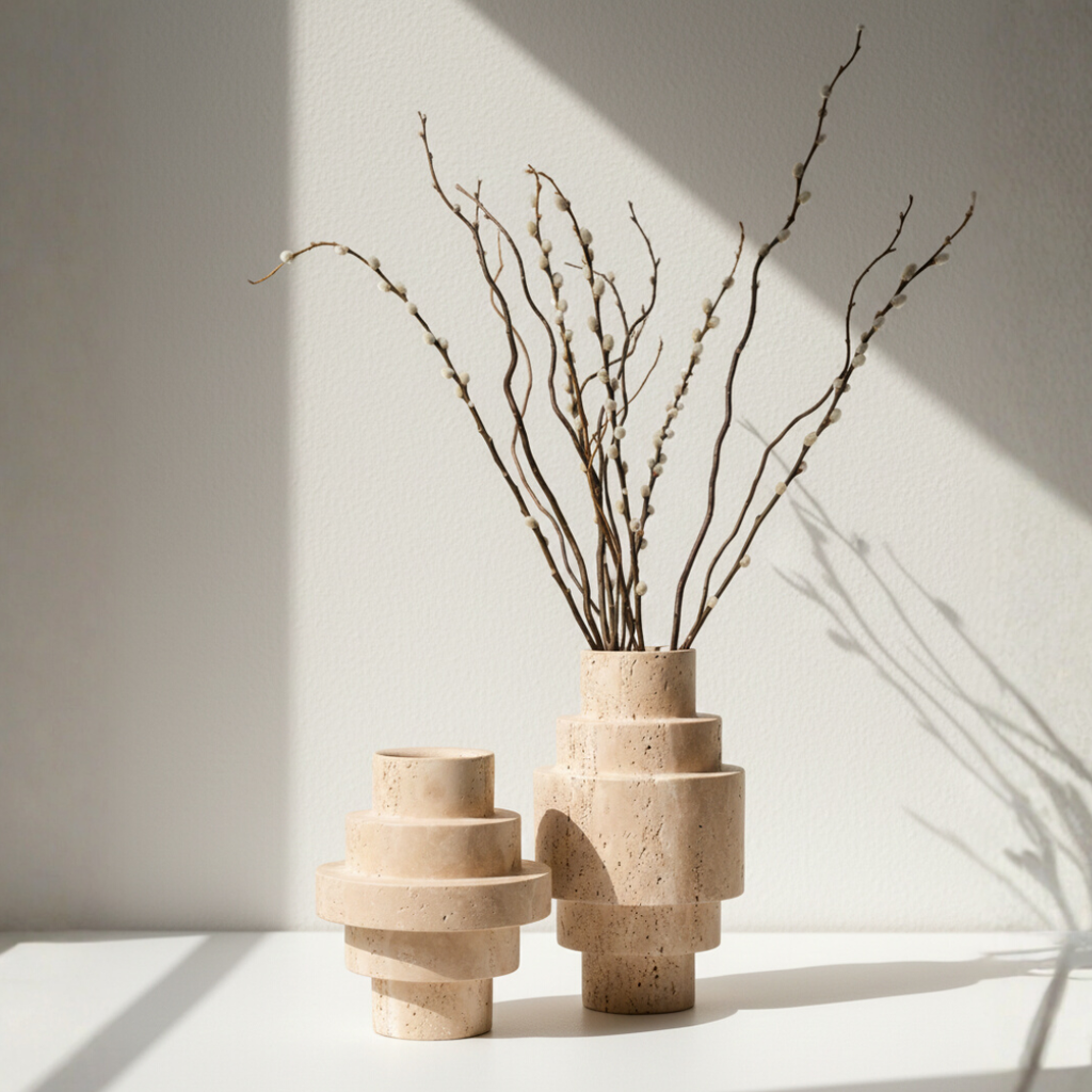 Geometric Modern Design Beige Travertine Floor Vase