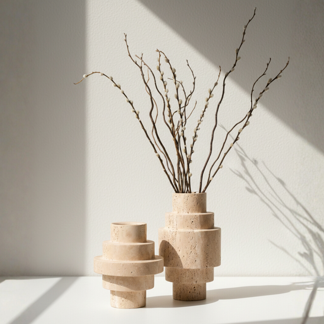 Geometric Modern Design Beige Travertine Floor Vase