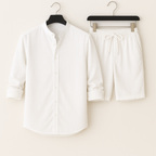 Men’s Linen-Style Matching Set for Summer – Casual Shirt and Shorts Outfit for Holidays and Everyday Wear