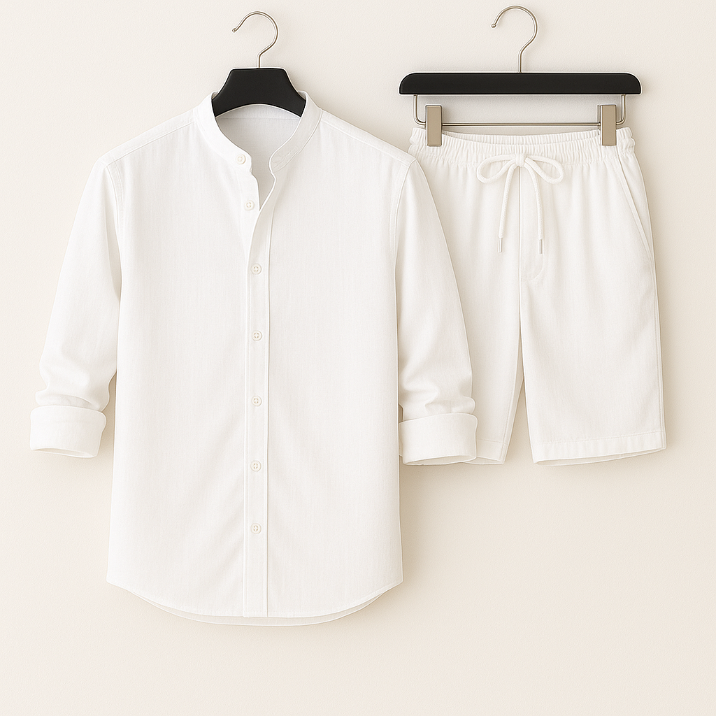Men’s Linen-Style Matching Set for Summer – Casual Shirt and Shorts Outfit for Holidays and Everyday Wear