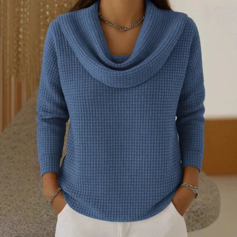 Karen – Cozy Waffle Knit Sweater Featuring a Stylish Cowl Neck