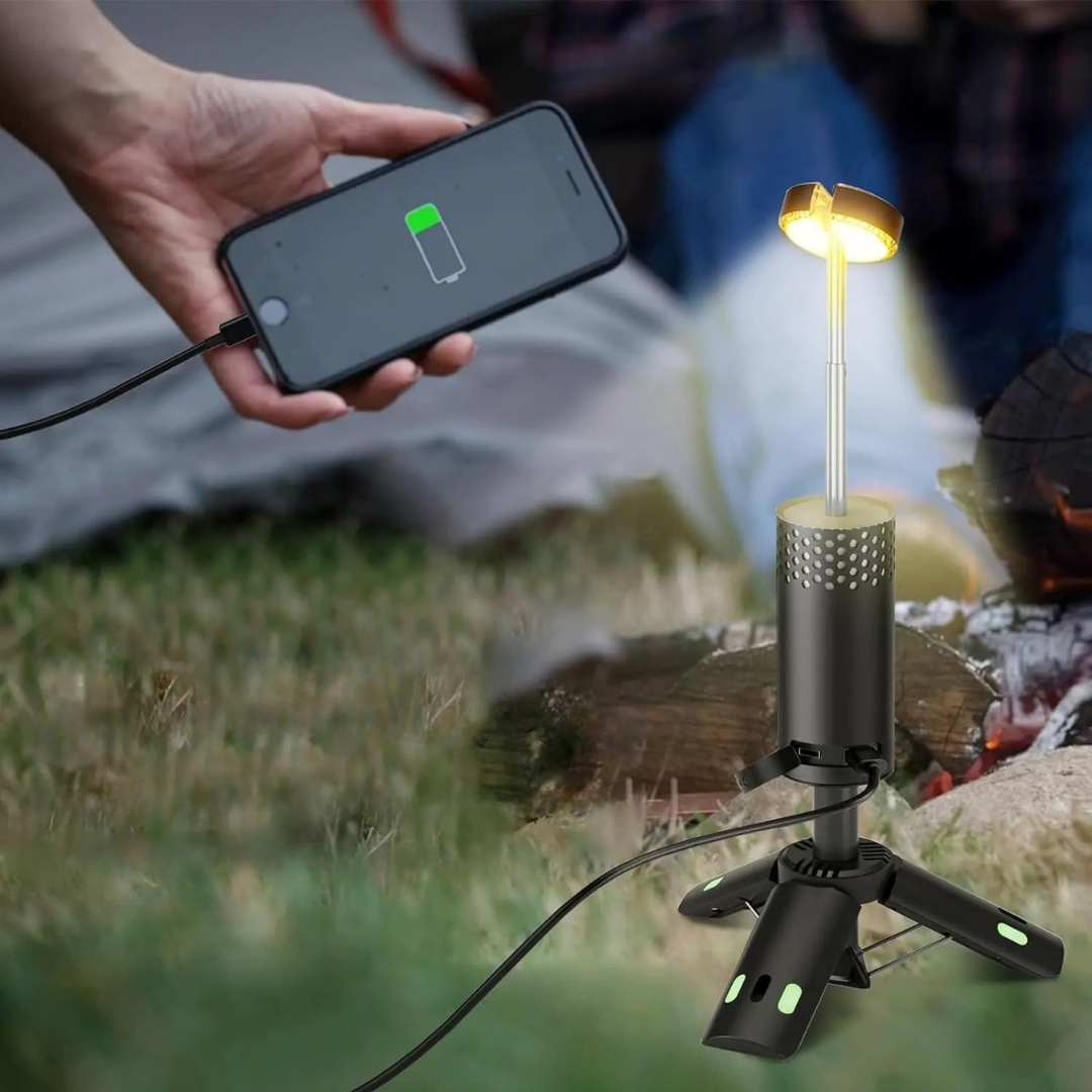 Battery-Powered LED Camping Lamp with Tripod and Power Bank – Long-Lasting Portable Light for Camping, Travel and Outdoor Use