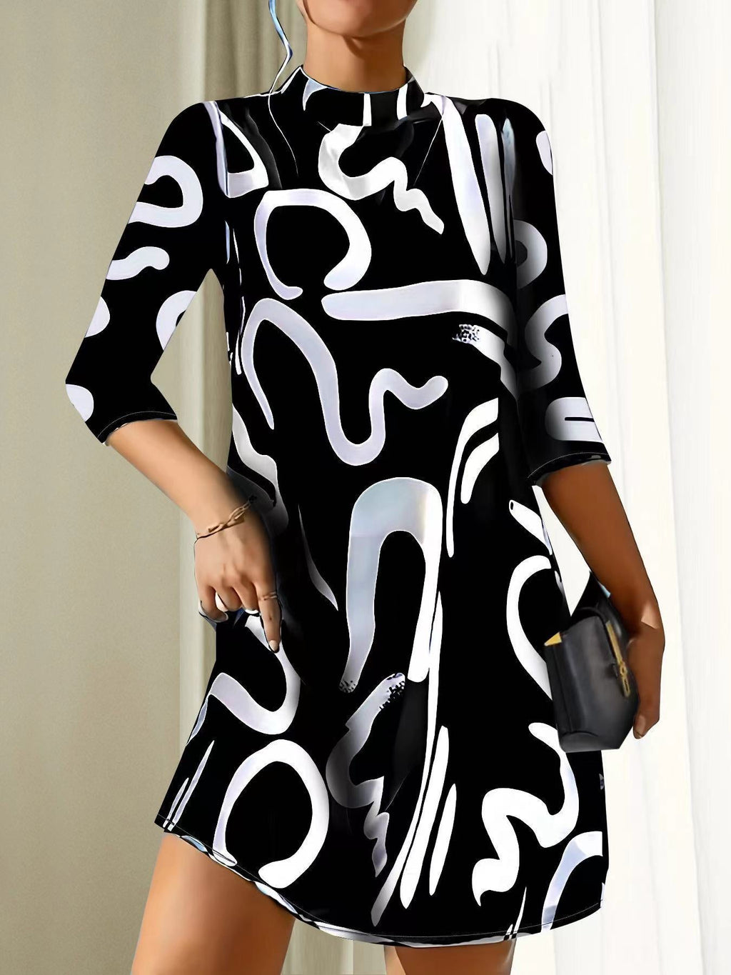 Women’s Mini Summer Dress with Round Neck and 3/4 Sleeves – Lightweight Casual Dress for Warm Weather and Everyday Wear