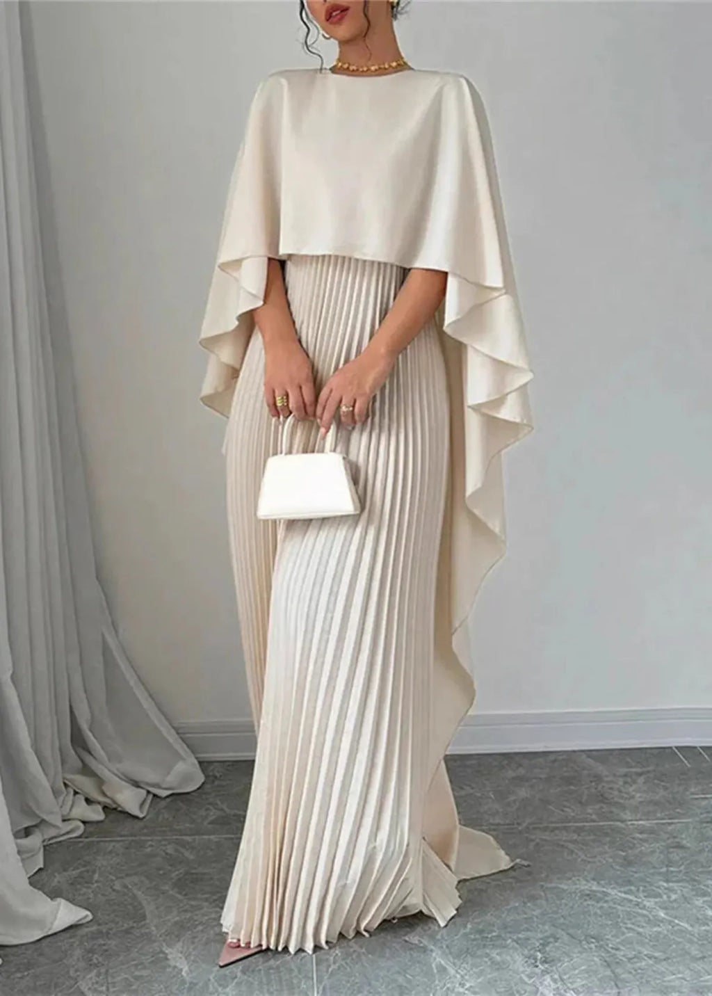 Makayla | Pleated Cape Maxi Dress for Women – Perfect for Wedding Guests