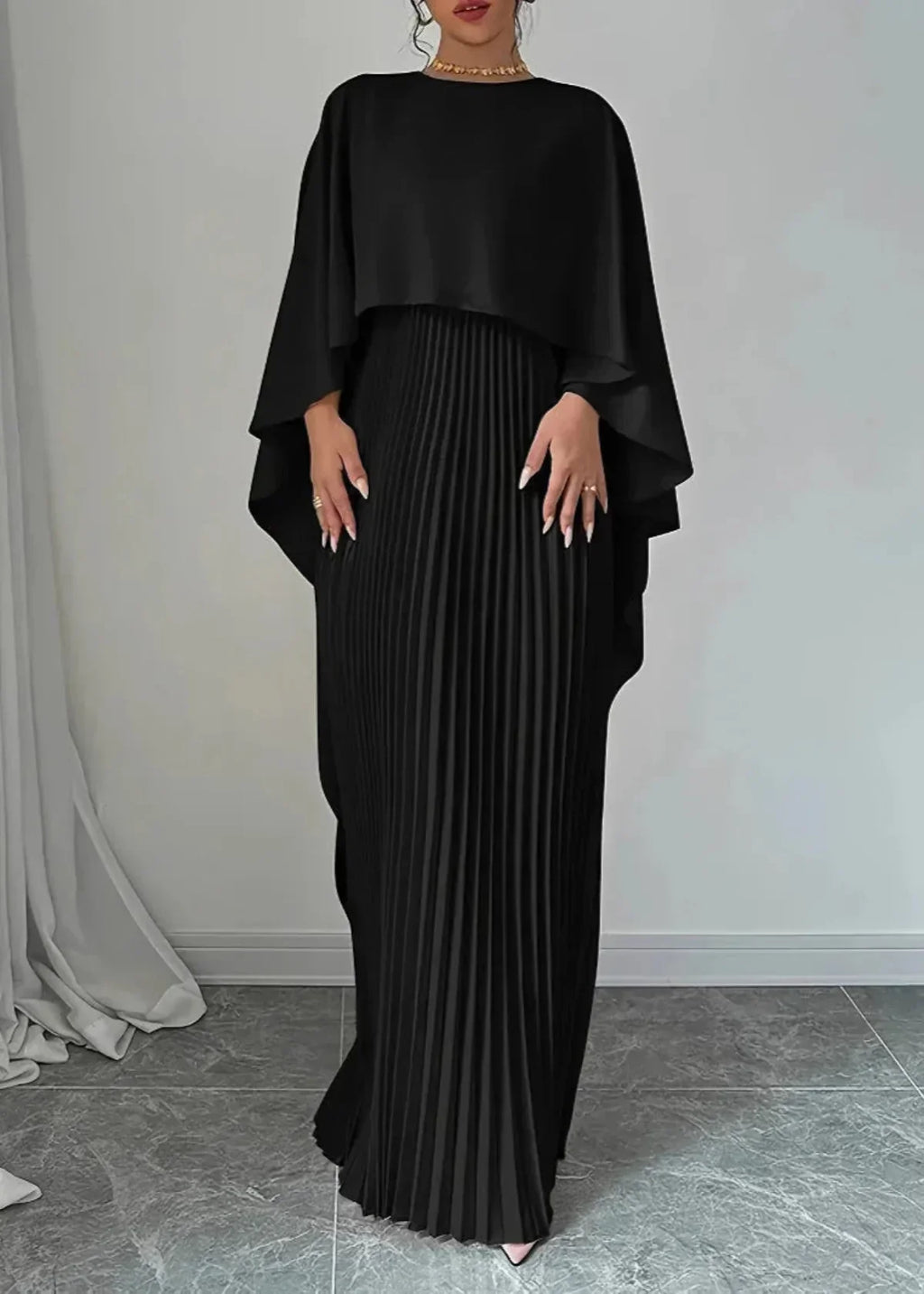 Makayla | Pleated Cape Maxi Dress for Women – Perfect for Wedding Guests