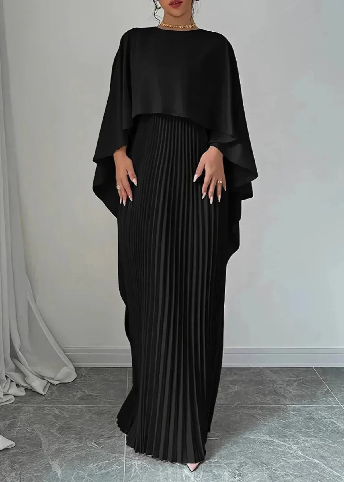 Makayla | Pleated Cape Maxi Dress for Women – Perfect for Wedding Guests