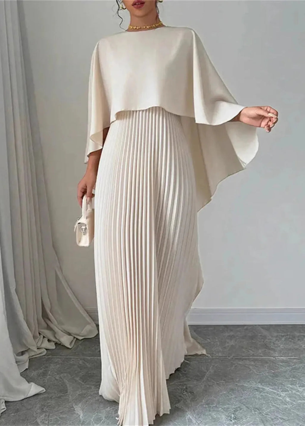 Makayla | Pleated Cape Maxi Dress for Women – Perfect for Wedding Guests