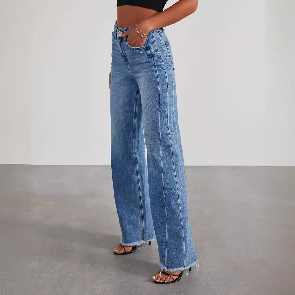 High-Waisted Wide-Leg Jeans with Raw Hem – Trendy Denim Pants for Casual Wear and Modern Street Style