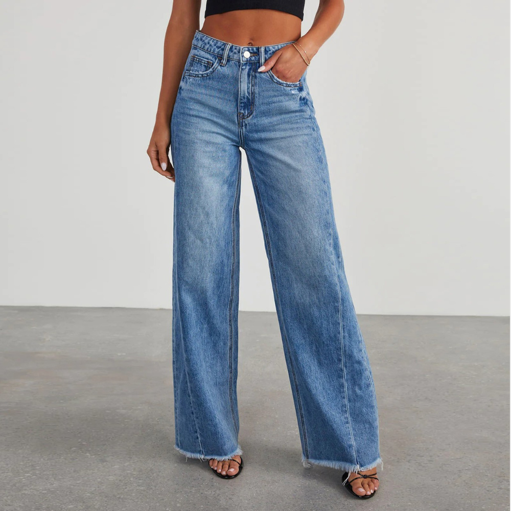 High-Waisted Wide-Leg Jeans with Raw Hem – Trendy Denim Pants for Casual Wear and Modern Street Style