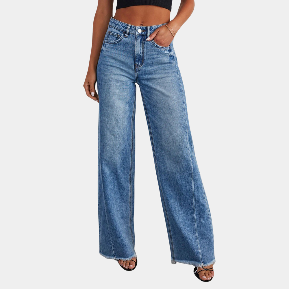 High-Waisted Wide-Leg Jeans with Raw Hem – Trendy Denim Pants for Casual Wear and Modern Street Style