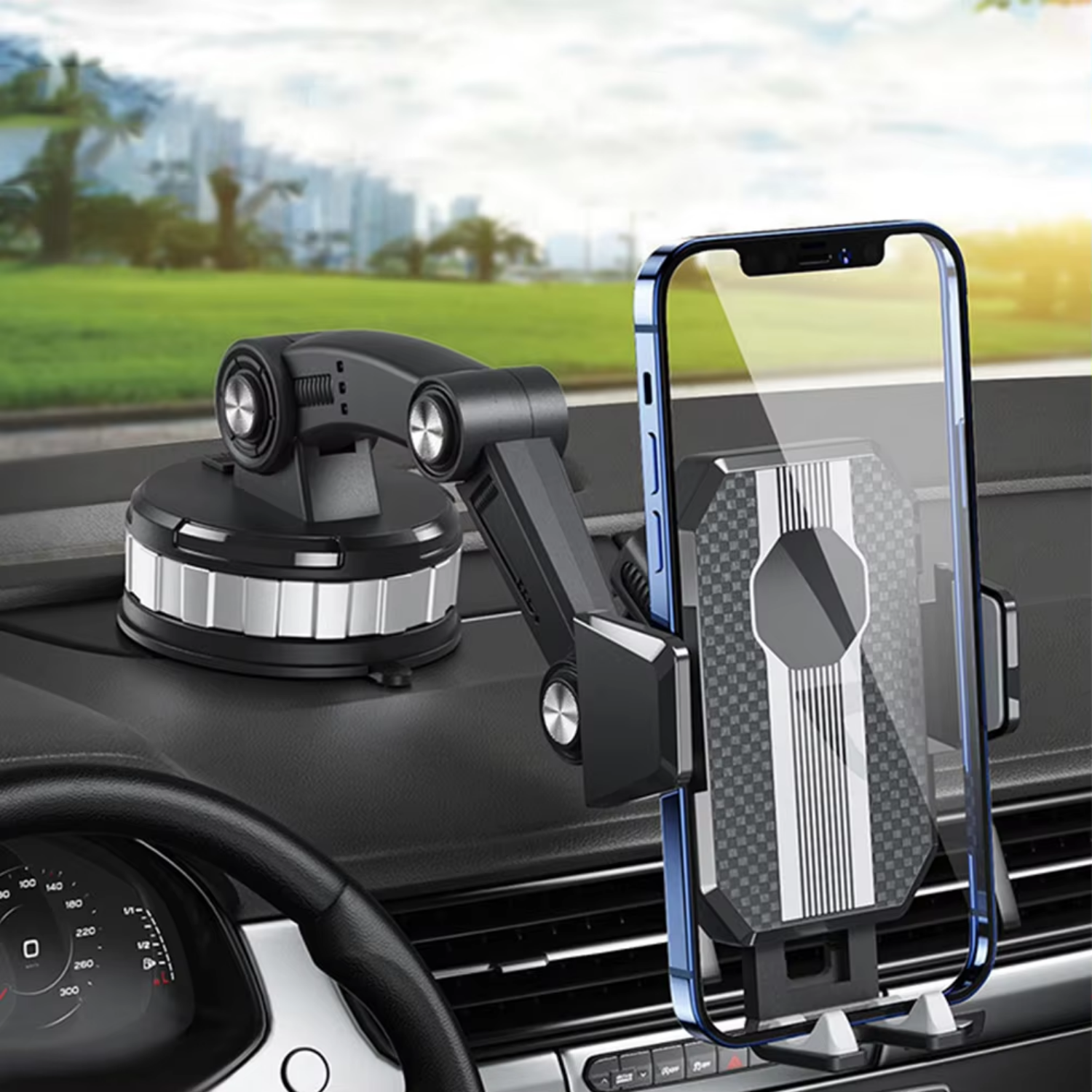Car Phone Mount with Strong Suction, 360° Rotation & One-Hand Operation – Universal Adjustable Holder