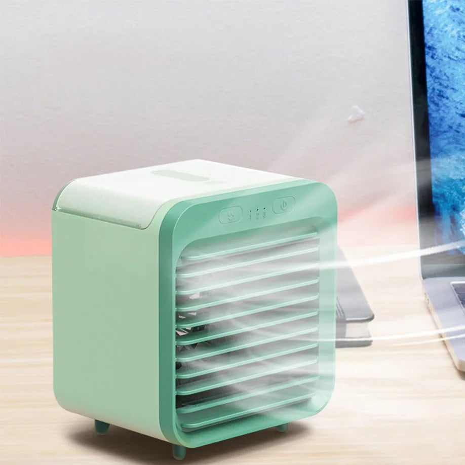 Portable 3-in-1 Mini Air Cooler – USB Rechargeable Personal Fan with Cooling & Humidifying Function
