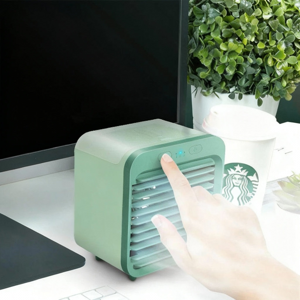 Portable 3-in-1 Mini Air Cooler – USB Rechargeable Personal Fan with Cooling & Humidifying Function