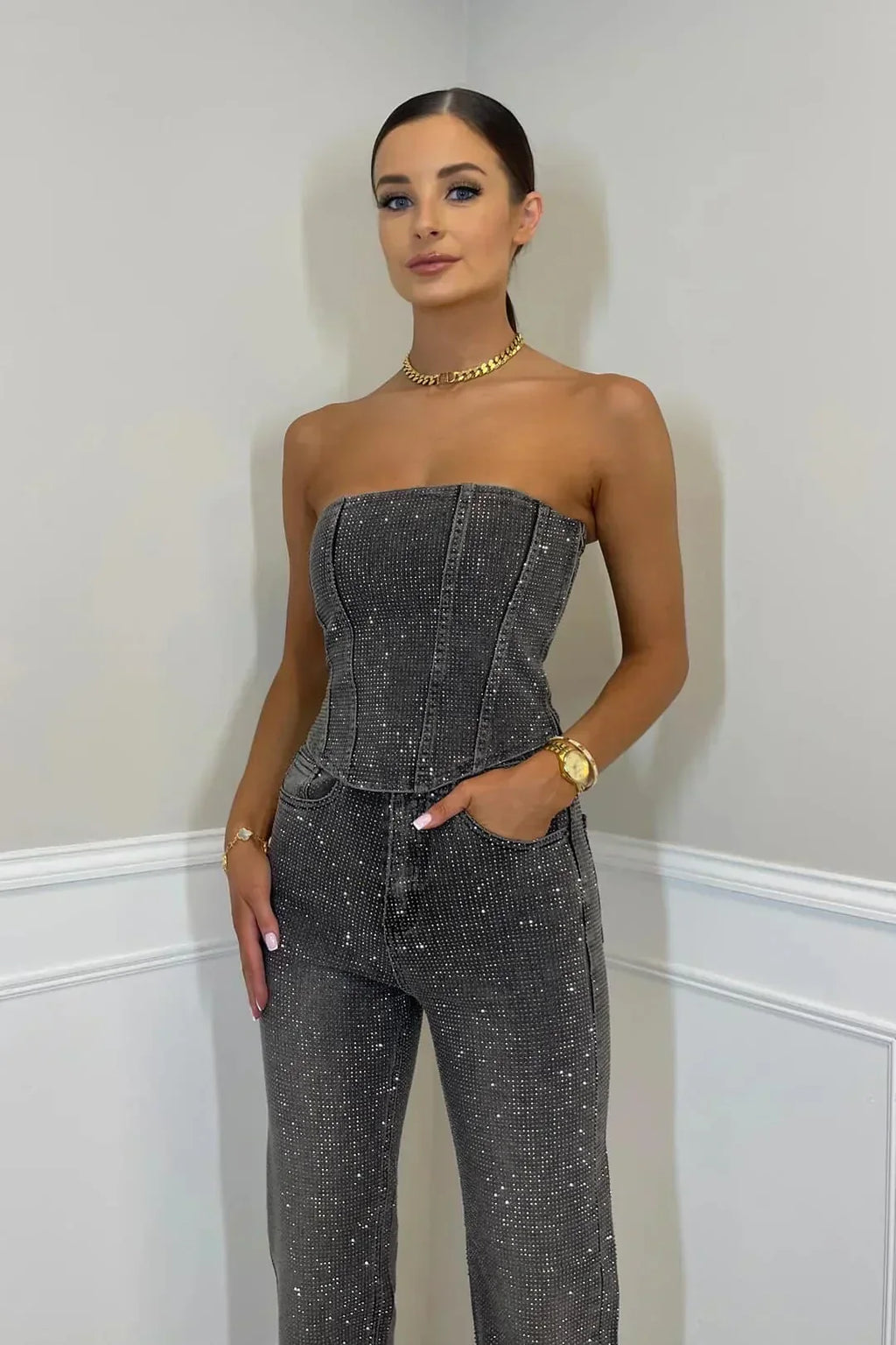 Sparkling Strapless Festive Jumpsuit Ensemble
