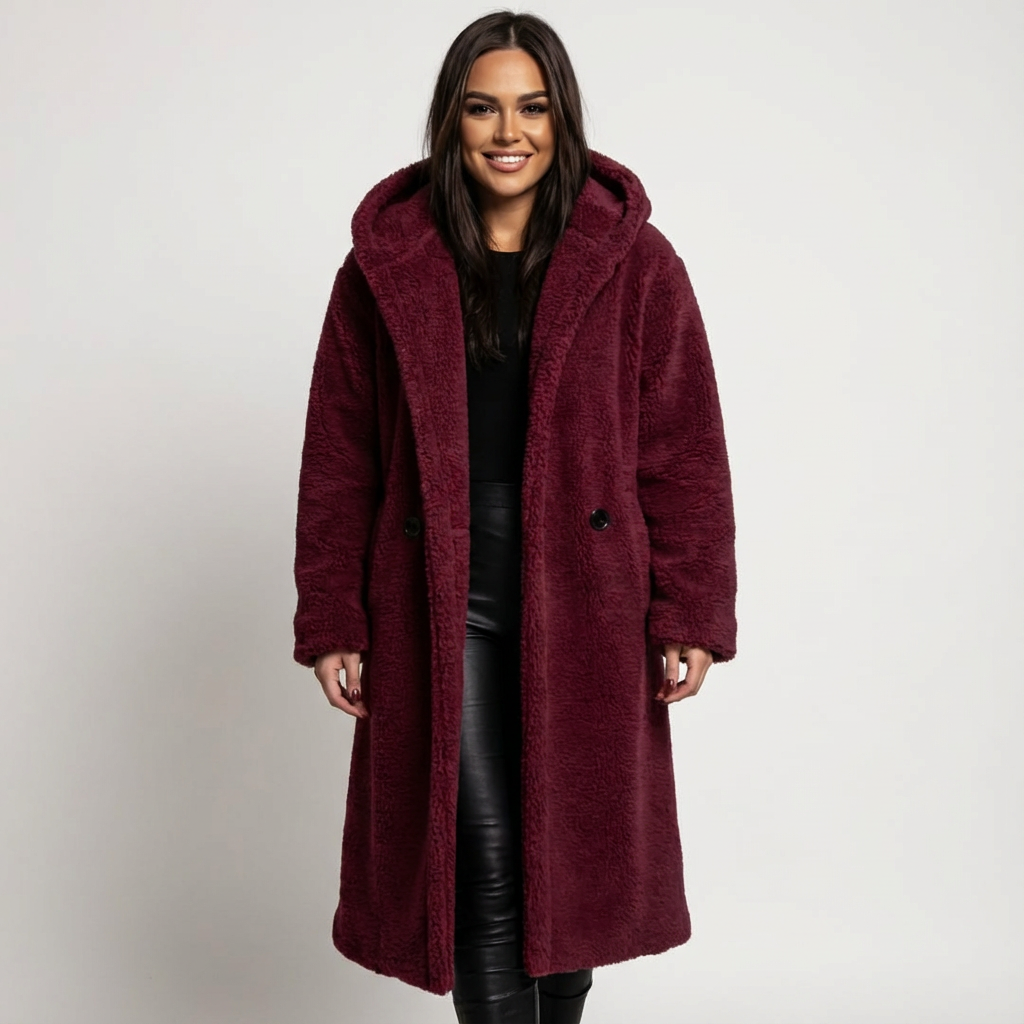 Amy Women's Hooded Teddy Coat with Button Closure