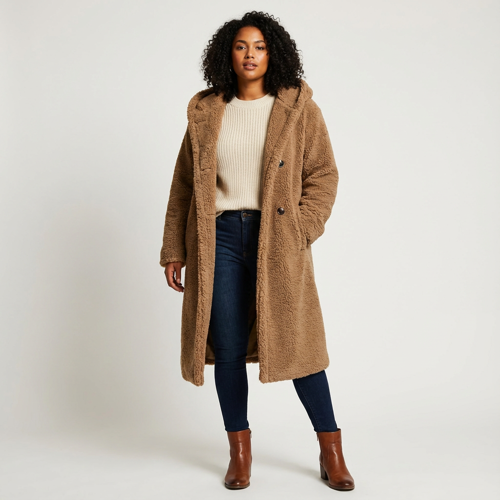 Amy Women's Hooded Teddy Coat with Button Closure