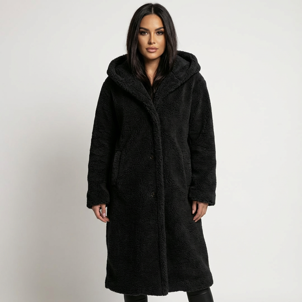 Amy Women's Hooded Teddy Coat with Button Closure