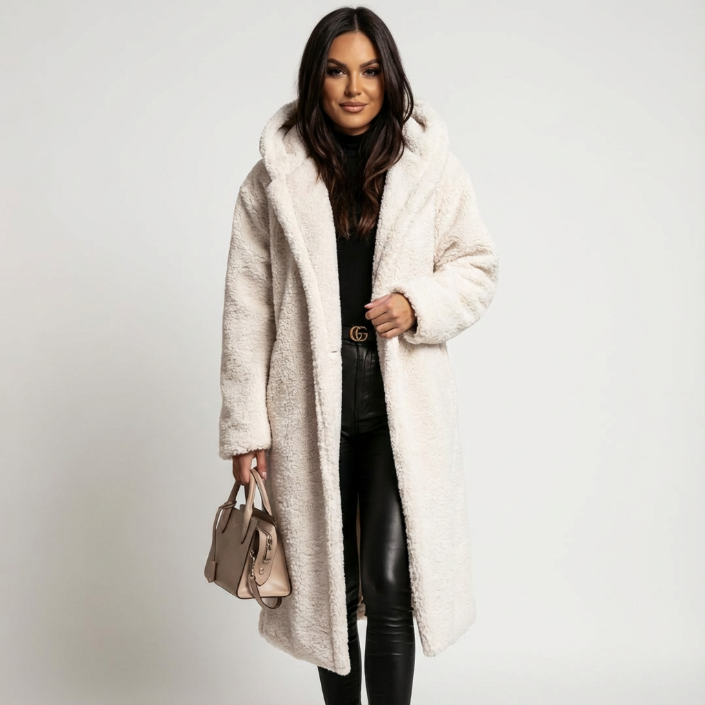 Amy Women's Hooded Teddy Coat with Button Closure