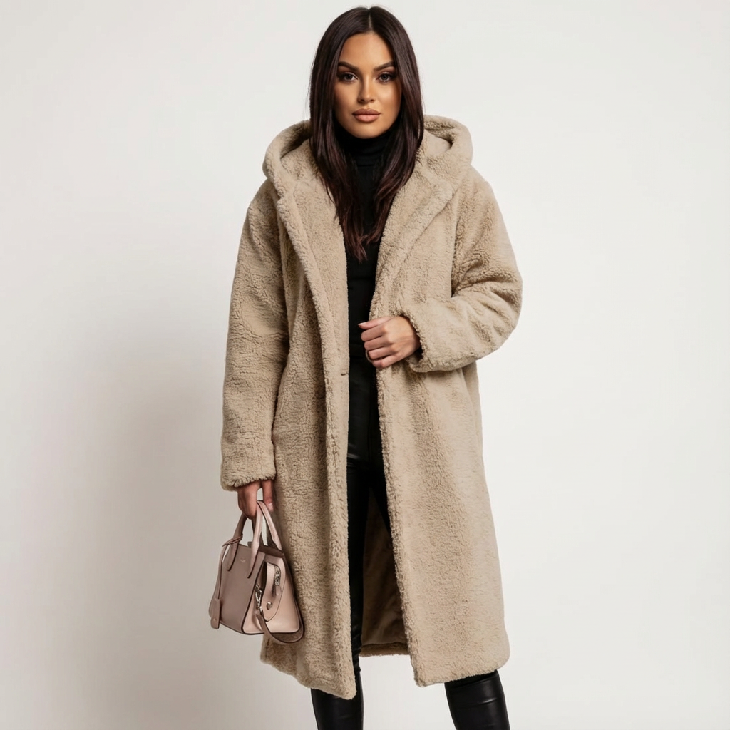 Amy Women's Hooded Teddy Coat with Button Closure