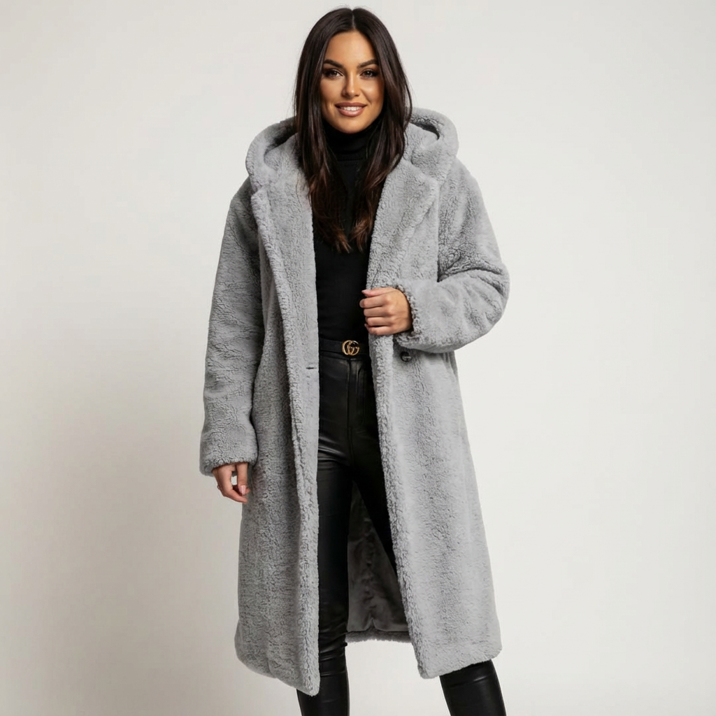 Amy Women's Hooded Teddy Coat with Button Closure