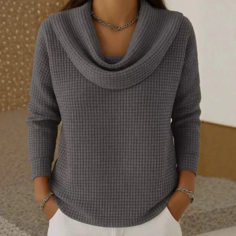 Karen – Cozy Waffle Knit Sweater Featuring a Stylish Cowl Neck