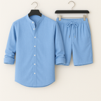 Men’s Linen-Style Matching Set for Summer – Casual Shirt and Shorts Outfit for Holidays and Everyday Wear