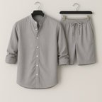 Men’s Linen-Style Matching Set for Summer – Casual Shirt and Shorts Outfit for Holidays and Everyday Wear