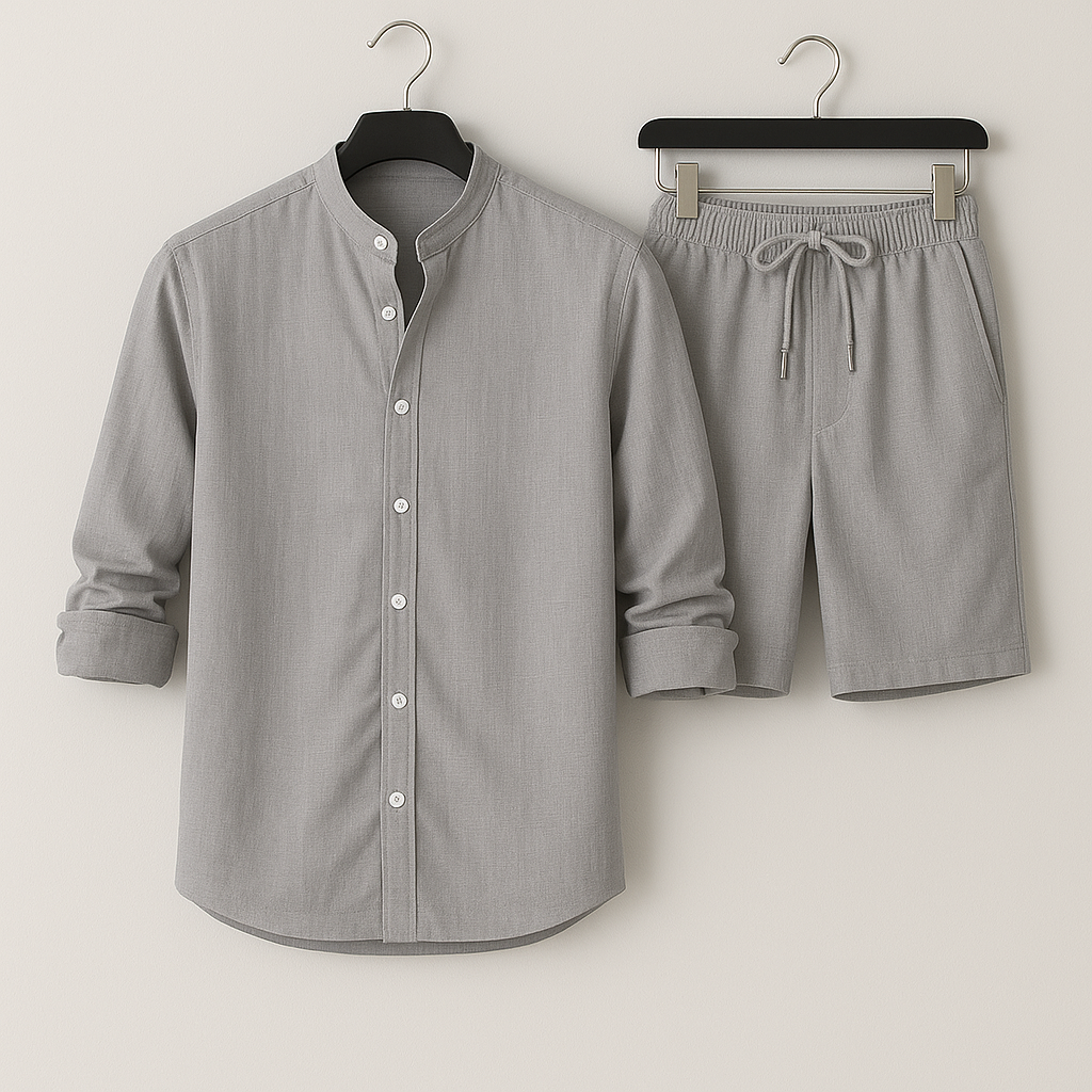 Men’s Linen-Style Matching Set for Summer – Casual Shirt and Shorts Outfit for Holidays and Everyday Wear