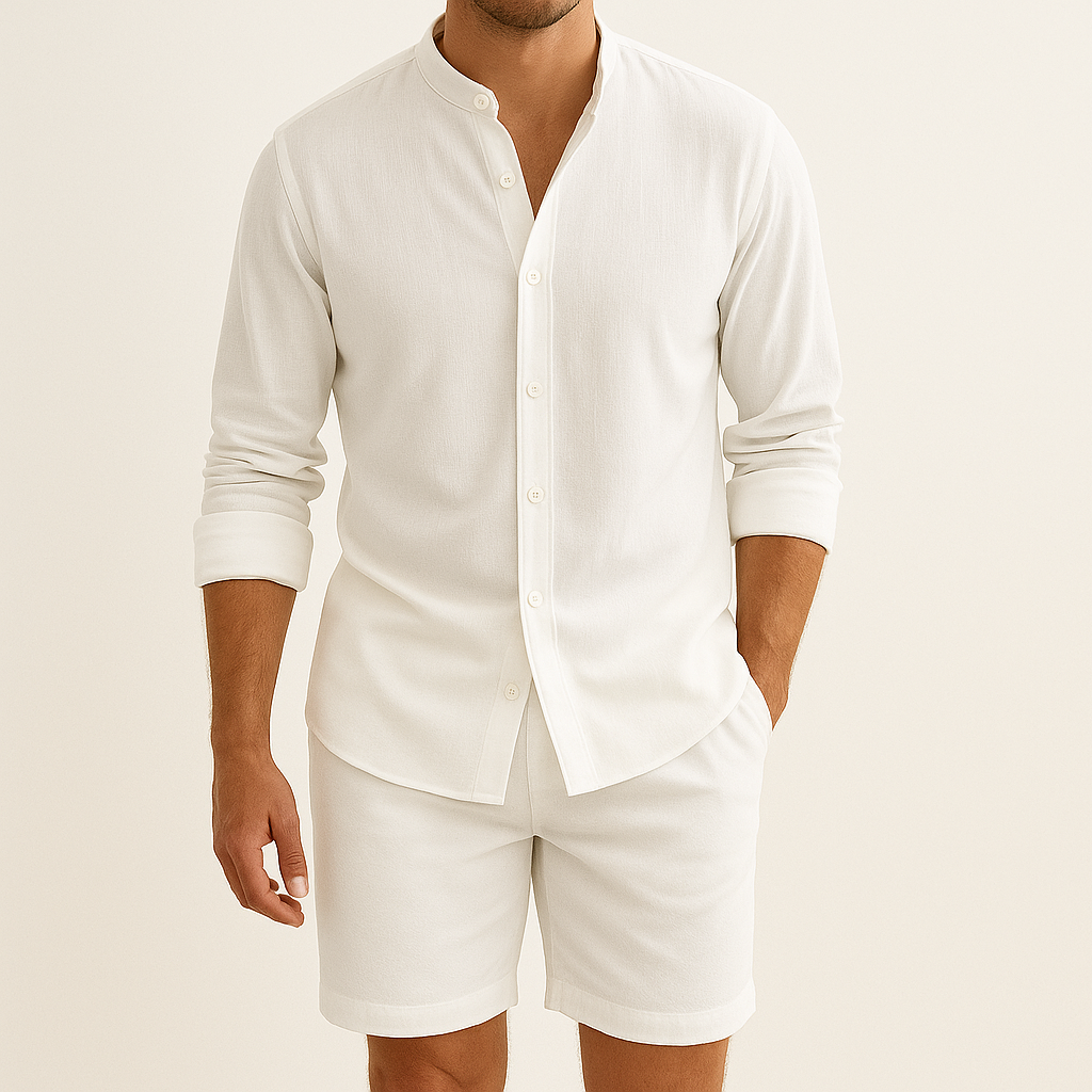 Men’s Linen-Style Matching Set for Summer – Casual Shirt and Shorts Outfit for Holidays and Everyday Wear