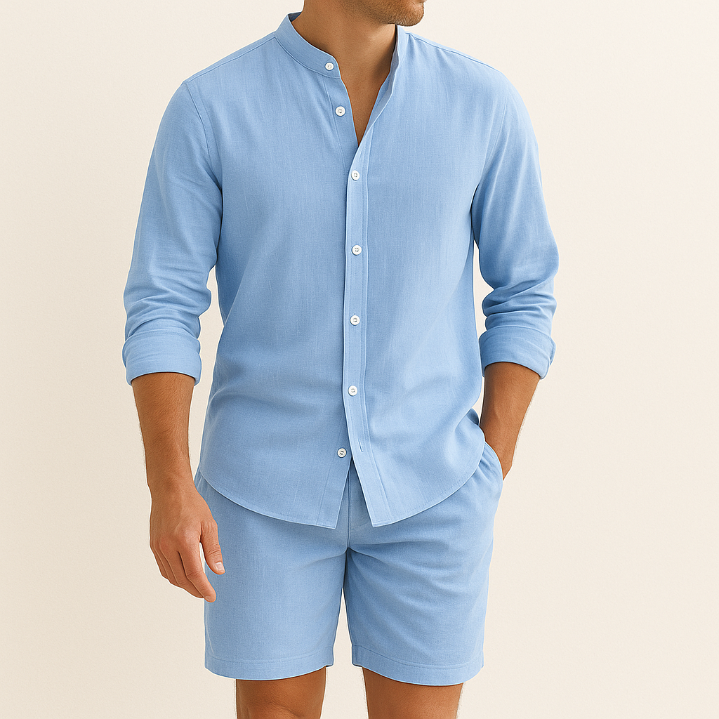 Men’s Linen-Style Matching Set for Summer – Casual Shirt and Shorts Outfit for Holidays and Everyday Wear