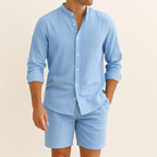 Men’s Linen-Style Matching Set for Summer – Casual Shirt and Shorts Outfit for Holidays and Everyday Wear