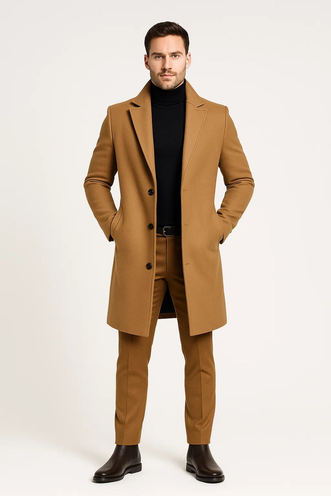 Classic Lapel Long Wool Coat for Men